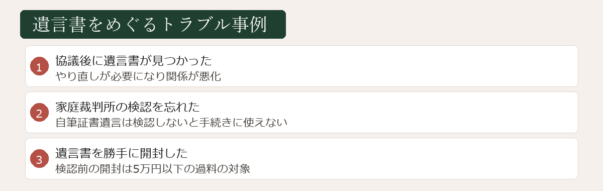 遺言書をめぐるトラブル事例図