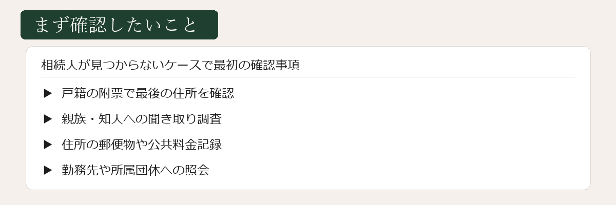 相続人が見つからない場合の最初の確認事項図