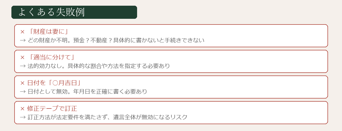 遺言書の書き方でよくある失敗例の図