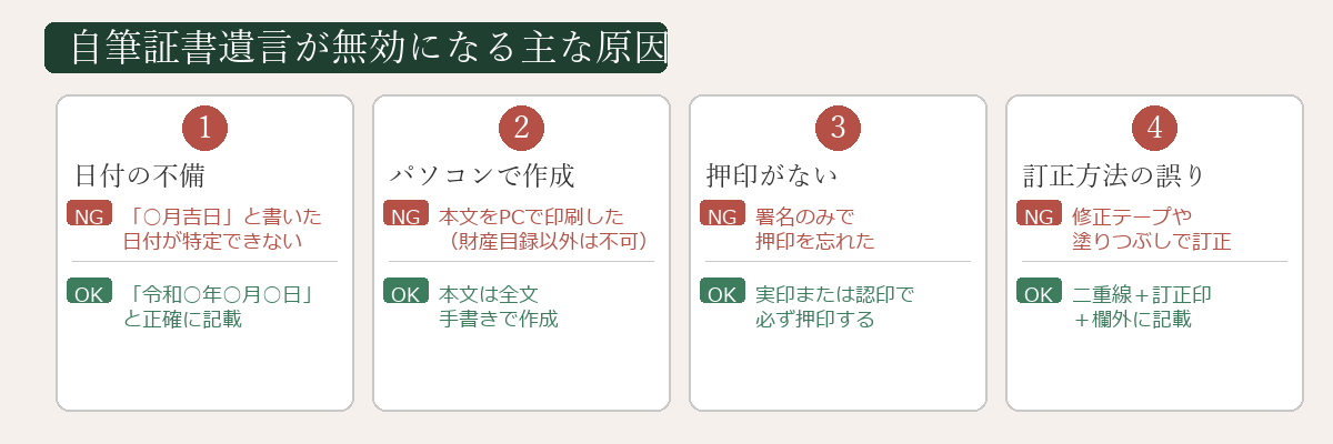 遺言書が無効になるNGパターン一覧図