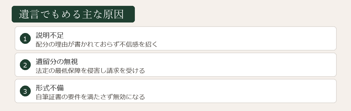 遺言でもめる主な原因の図解
