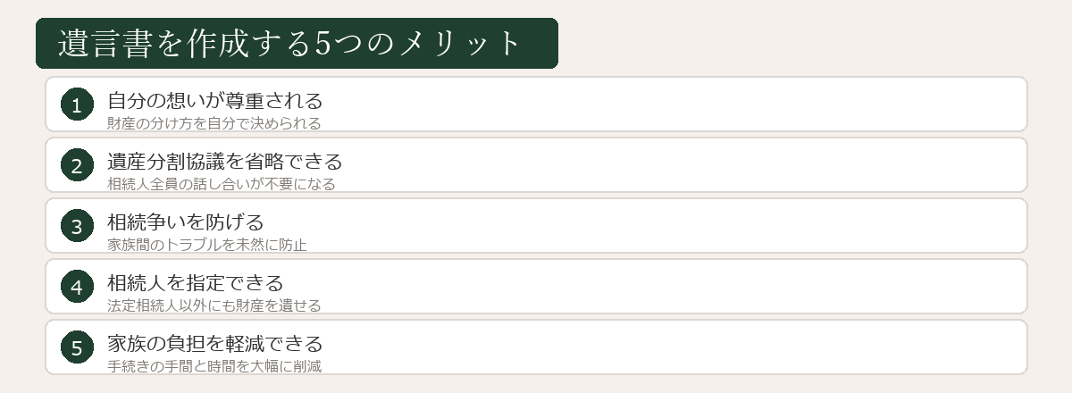 遺言書を作成する5つのメリットの図解