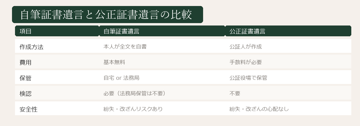 自筆証書遺言と公正証書遺言の比較表