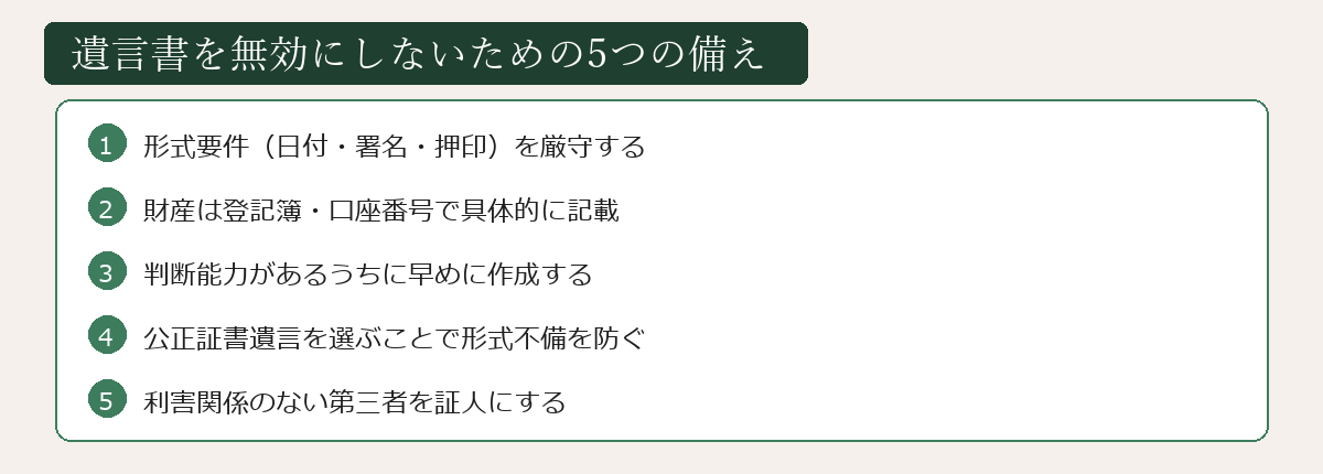 遺言書を無効にしないための5つの備えの図解