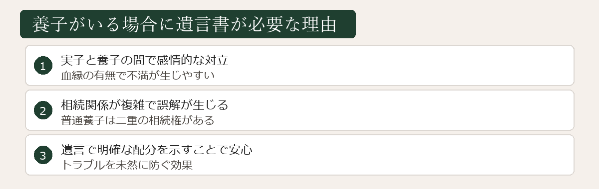 養子がいる場合に遺言書が必要な理由の図解