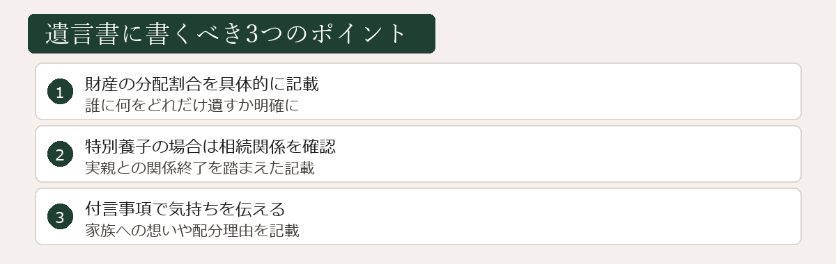 遺言書に書くべき3つのポイントの図解