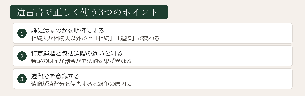 遺言書で正しく使う3つのポイントの図解