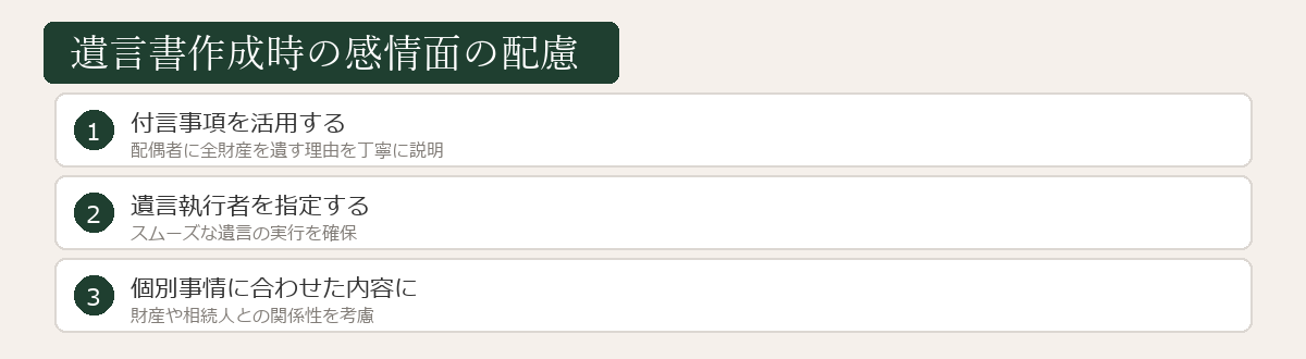 遺言書作成時の感情面の配慮ポイント図