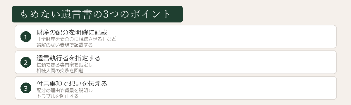 もめない遺言書の3つのポイント図