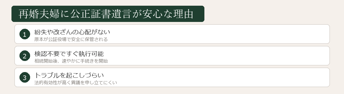 再婚夫婦に公正証書遺言が安心な理由の図