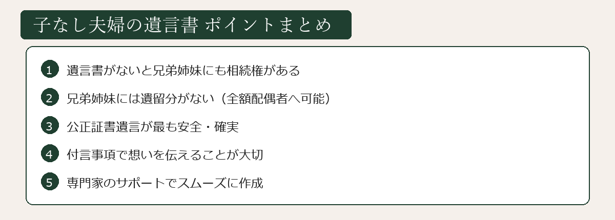 子なし夫婦の遺言書ポイントまとめ図